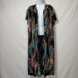 Umgee Boho Tropical Sz S Open Front Duster Robe Coverup‎ Gypsy Artsy Feather